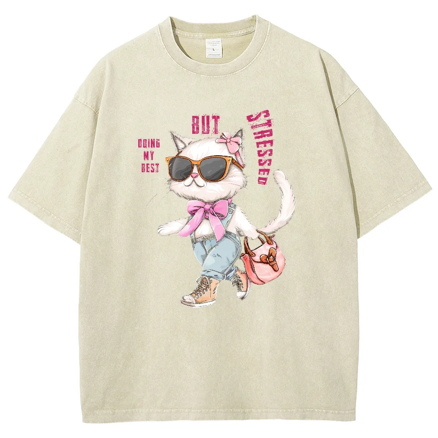 Fashion Cat Anthropomorphic Cartoon Print Women's 100% Cotton T-Shirt Normal Size Loose Stretch Short Sleeve Casual Cute Tees