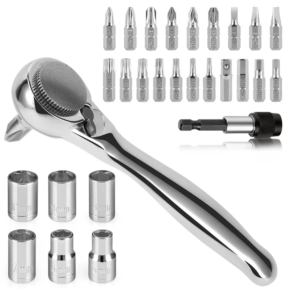 28 in 1 Mini Ratelsleutel Set Magnetische Ratelschroevendraaier Set Verlengstuk Met Socket Thuis Reparatie Handgereedschap DIY Tool Kit