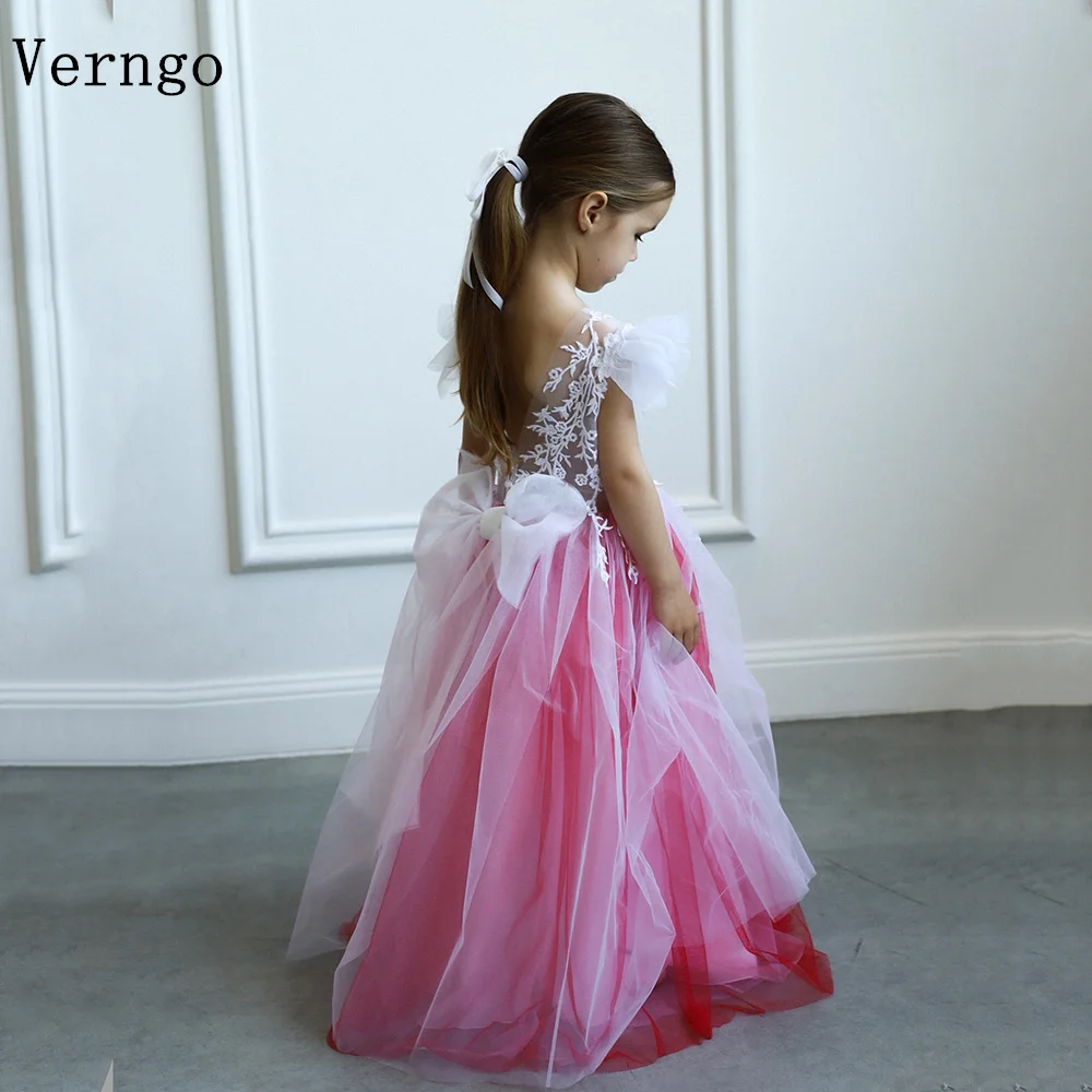 

Verngo Mini Girl Birthday Party Dress O Neck Sleeves Princess A Line Lace APPliques Kid Prom Gowns Bow Ball Gowns Customized