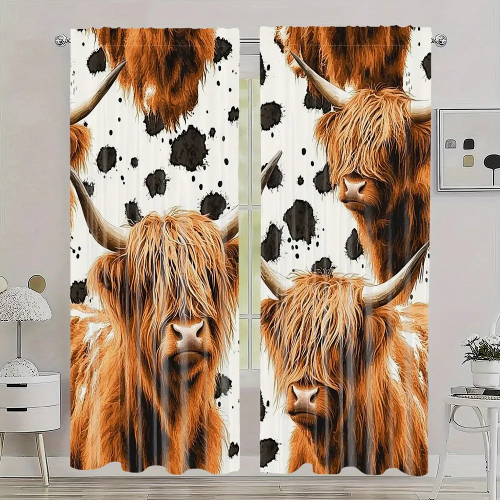 2PCS Digital Print Curtains Highland Cow Animal Farm Rod Pocket