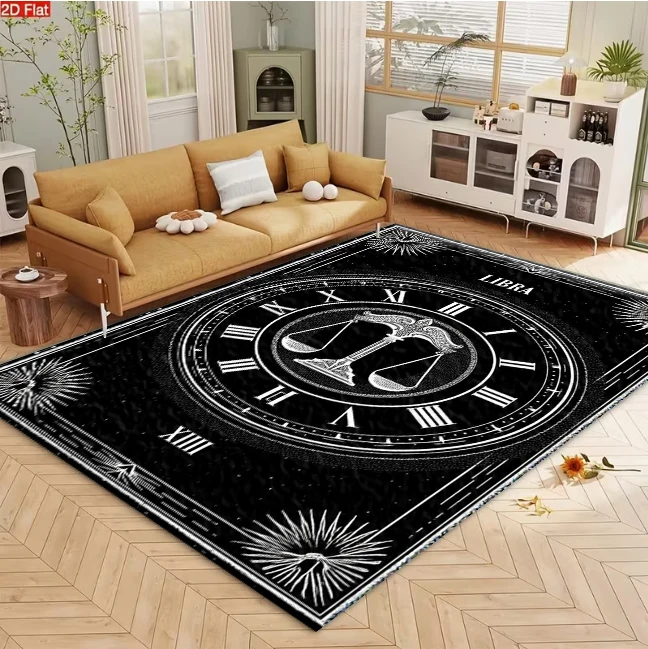 Vintage Libra Zodiac Clock Scale Graphic Carpet Flooring, Black White Astrology Art Area Rug for Living Room Bedroom Home Interior Decoration