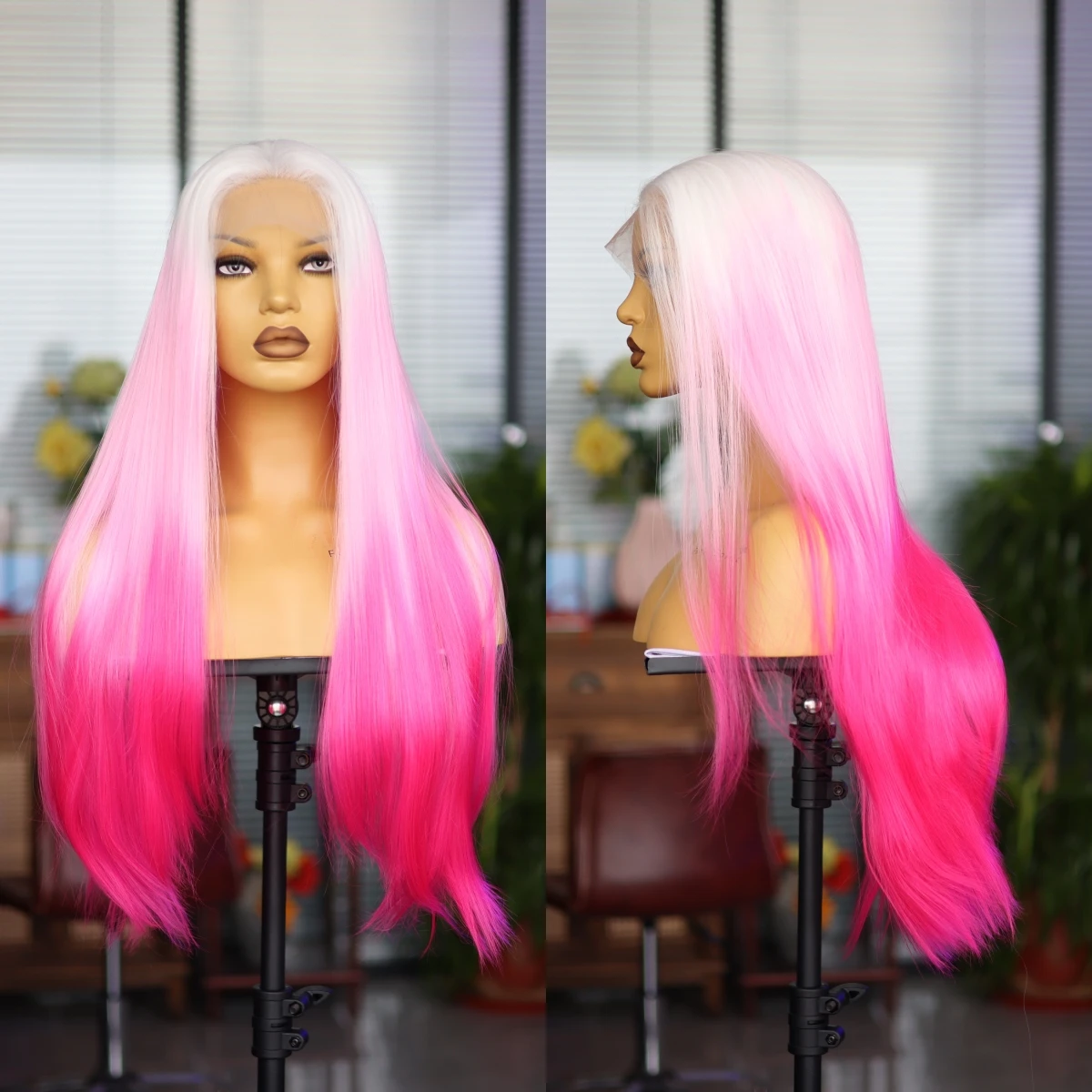 White Pink Stitching Synthetic Front Lace Long Straight Cosplay Wig Mesh Cap Elastic Breathable Heat Resistant Women's Wig