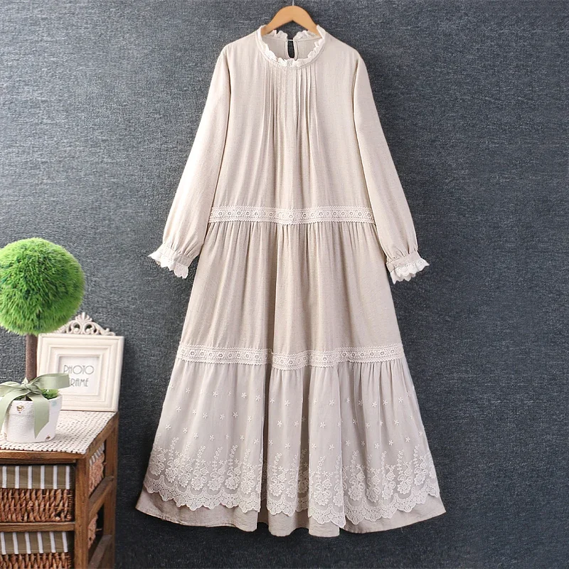 Spring Sweet Mori Girl Lace Spliced Floral Embroidery Cotton Linen Dress Women Long Sleeve Casual Loose Midi Dresses