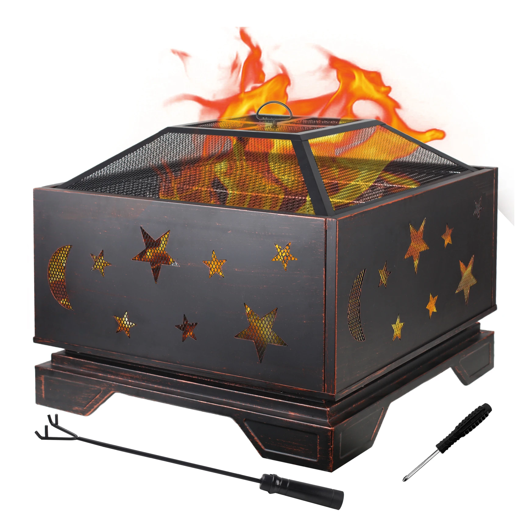 

26 Inch Square Wood Burning Fire Pit with Cooking Grill & Spark Screen for Outdoor BBQs - Premium Steel Construction
