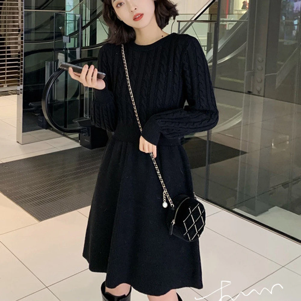 Women Tunic Sweater Dress Autumn Winter Long Lantern Sleeve Slim Knitted Vestidos LMFS-LM-20059