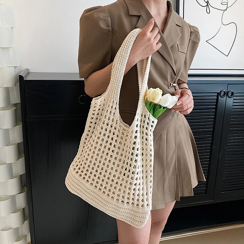 Vintage Hollow Design Woven Women Shoulder Bag Knitting Large Capacity Handbags Summer Travel Shopper Tote For Ladies Beach Bags