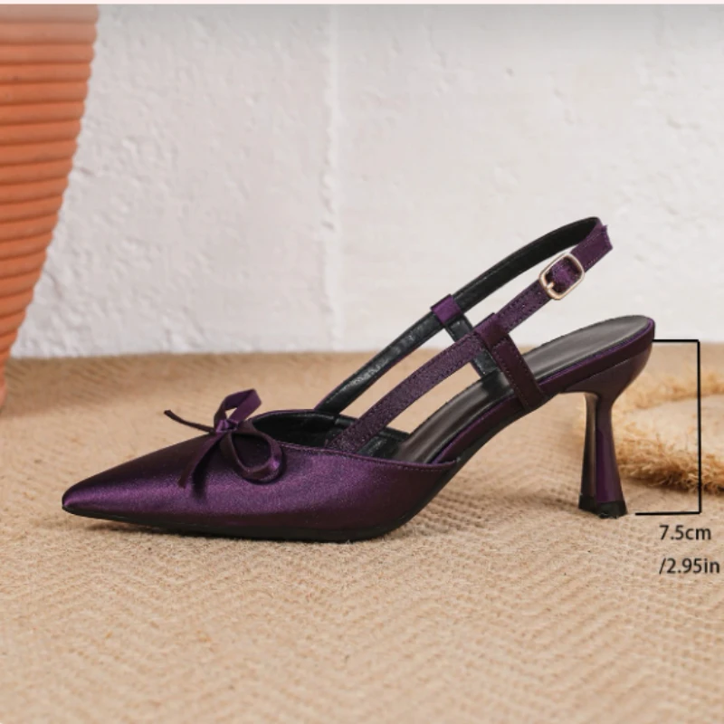 Women's Pointed Toe High Heel Sandals Elegant Purple Bow Slingback Shoes Summer Versatile Mid Heels Ladies Party Wedding Pumps - view 5