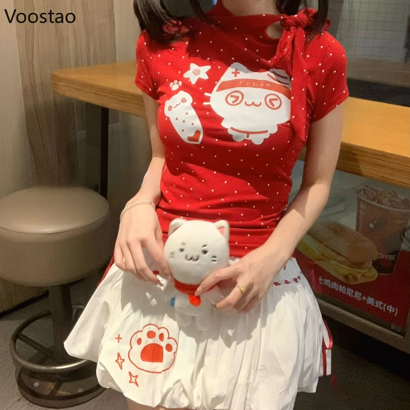 

Японский комплект юбки в стиле кавайной Лолиты, женский милый красный мультяшный принт, футболка с принтом в горошек, мини-юбки, костюмы Harajuku Y2k