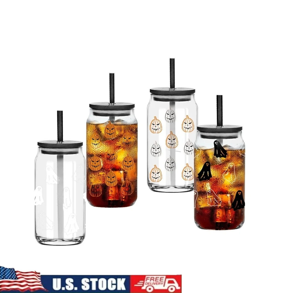 

Halloween Color Changing Sipper Glass Set of 4 with Ghost Pumpkin Designs Reusable Straws Perfect Parties Gatherings Home Use