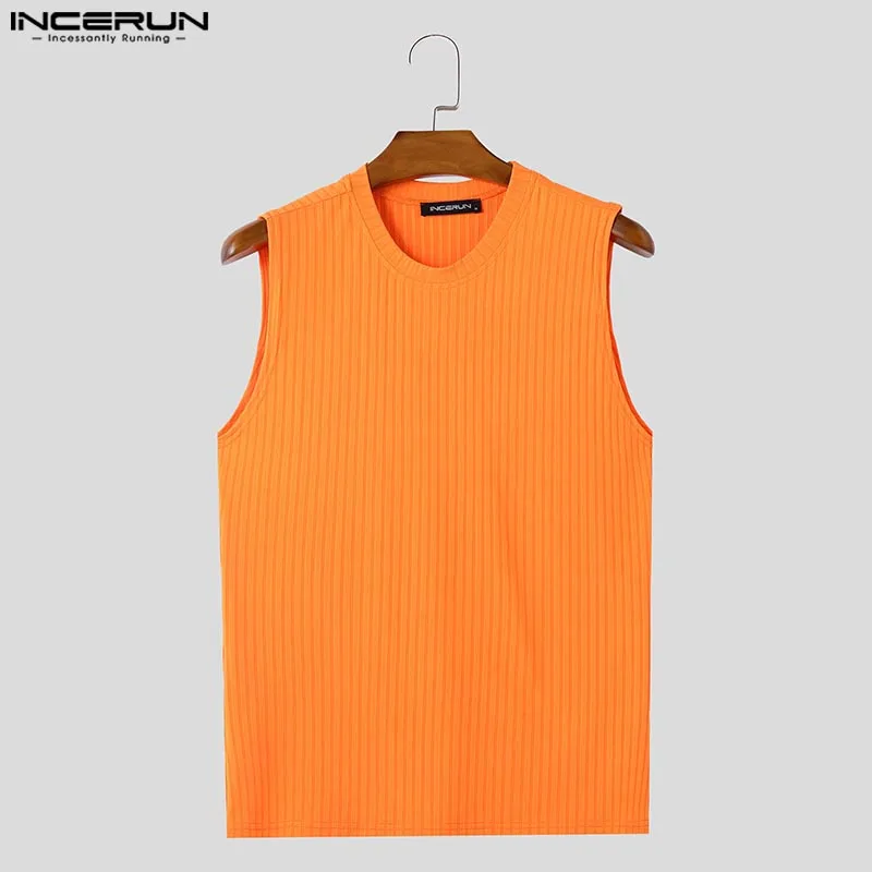INCERUN Tops 2025 Male O-neck Sleeveless Tank Tops American Style Fashion New Mens Texture Solid Striped Vests Casual Streetwear