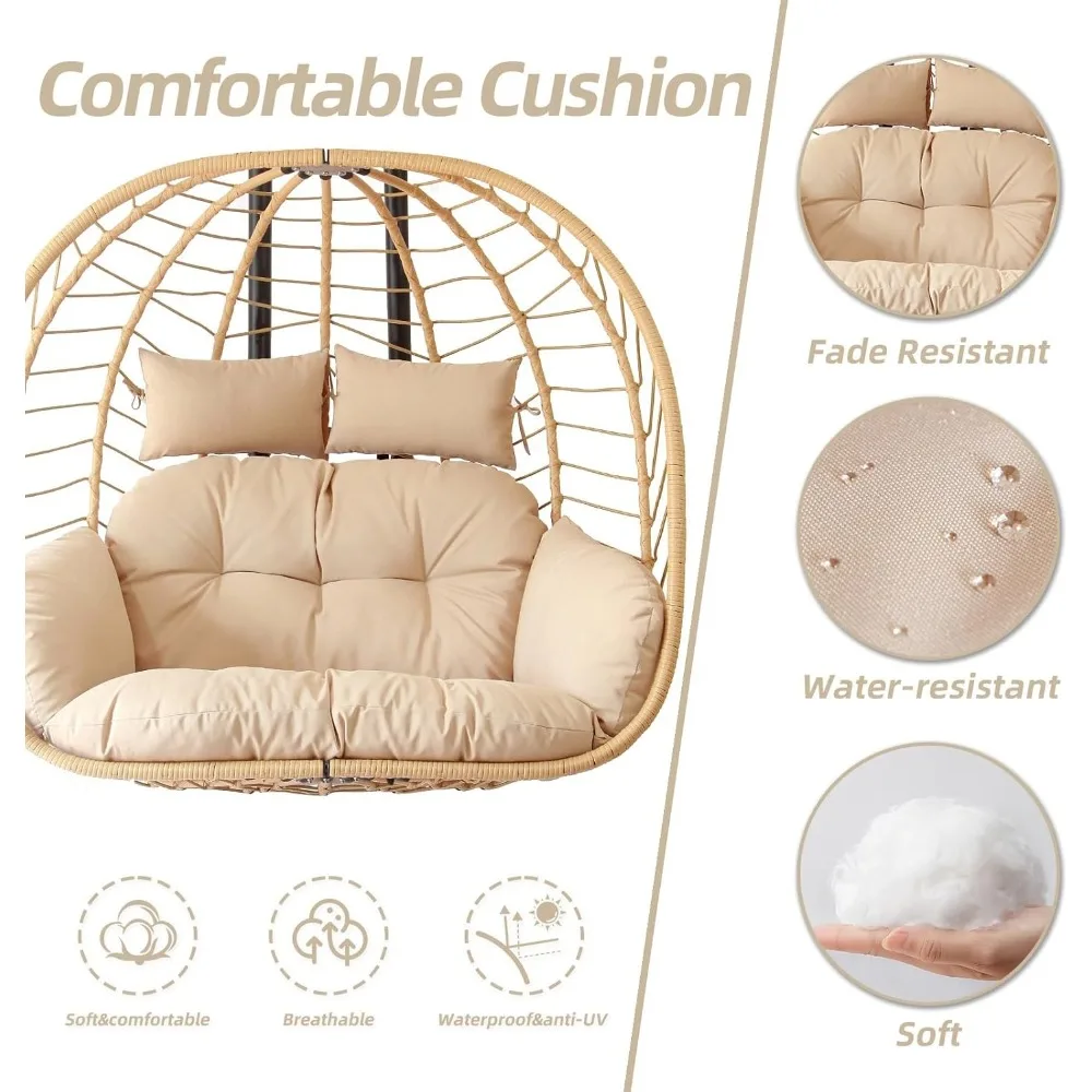 Double Egg Chair with Stand, Patio Wicker Hanging Swing Egg Chair Thickened, Galvanized Pipe Steel Frame and UV Resistant Cushio