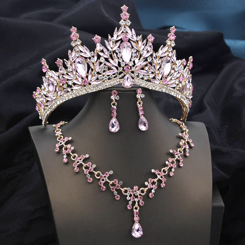 Queen Bridal Jewelry Sets for Women Pink Tiara Wedding dress Crown With Necklace Earring Set Party Birthday Costume Accessories