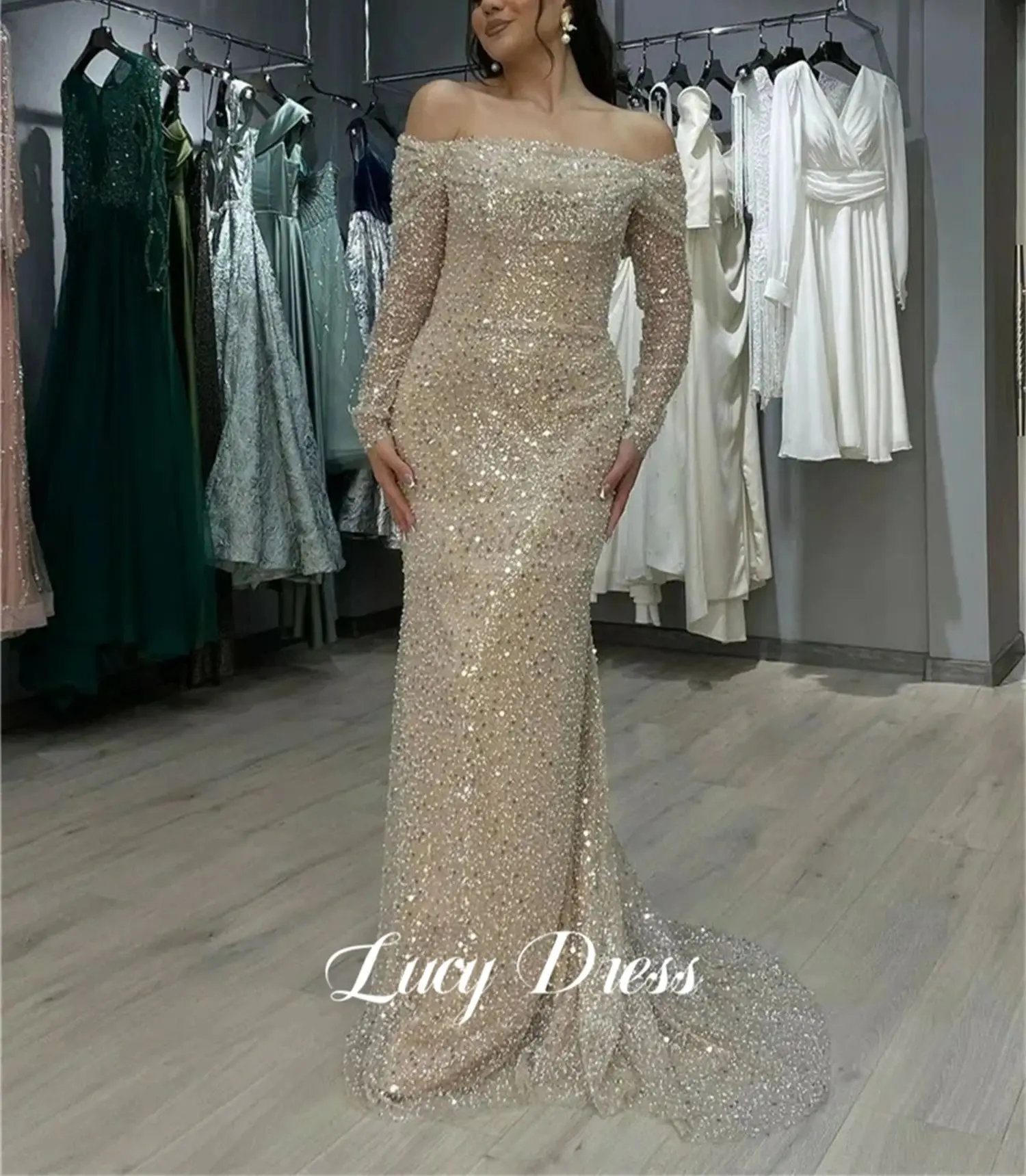 Ball Gown Bead Embroidery Fabric Grace Mermaid Elegant Guest Wedding Dress Formal Dresses With Long Sleeves Customized فساتين سه