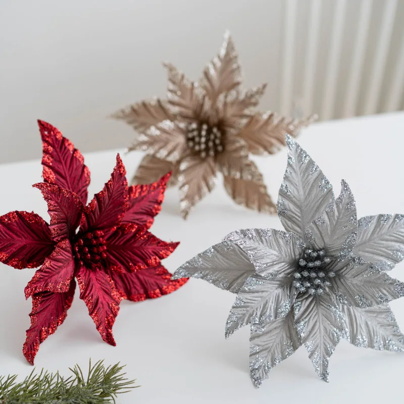 Christmas 25cm Artificial Sticky Cloth Christmas Flowers Gold Silver White Decorative Flowers Christmas Tree Garland Decoration