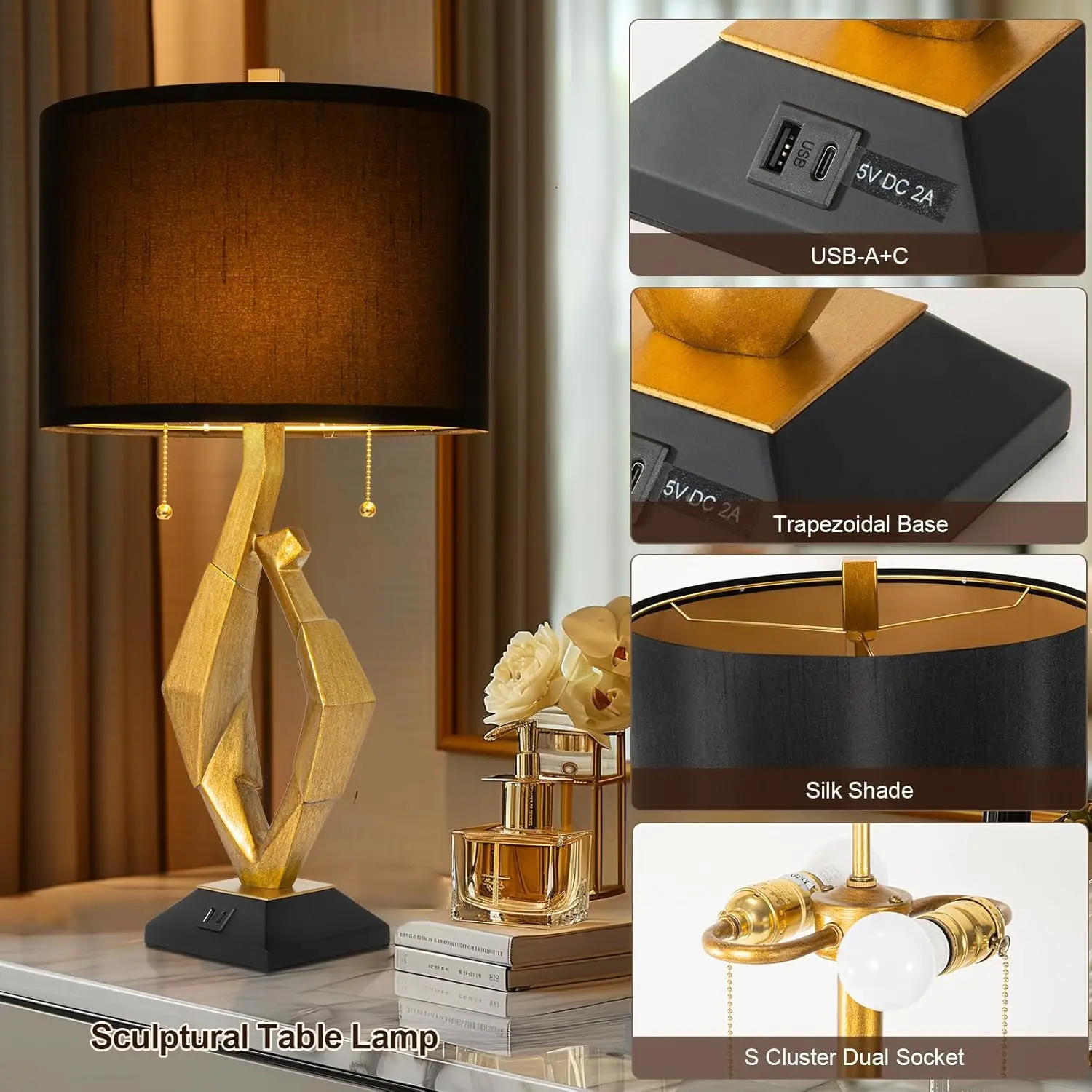 Modern Gold Table Lamp Set with USB Ports, Pull Chain Switch for Living Room Bedside Office