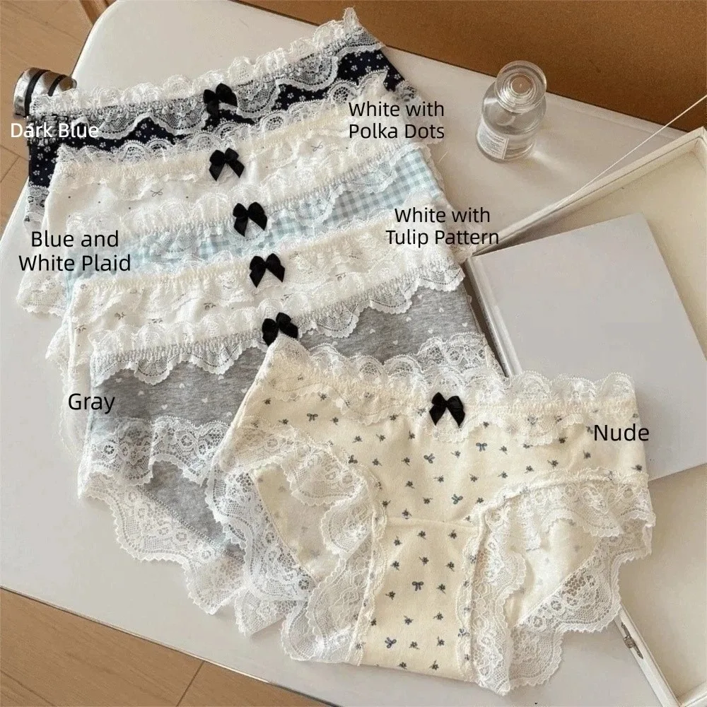 

Comfortable Mid Waist Sweet Lace Panties Tulip Bow Lace Flower Briefs Polka Dot Grid Floral Cotton Pnaties Girl