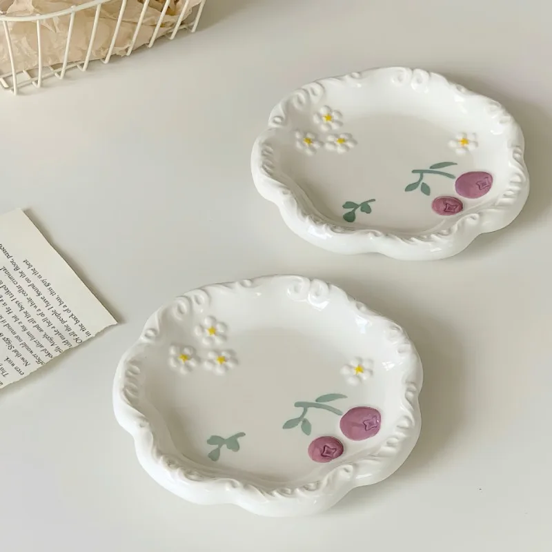 

Creative Relief Hand-painted Tableware Dinner Plate Dish Cute Ceramic Bowl Trays Decorative Soup Bowl Kitchen Home Accessories
