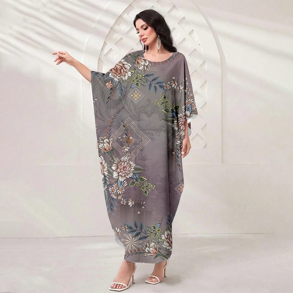 Boutique Muslim Elegant Women's Dress Fashion Weeping Willow Print Bat Sleeve Loose Robe Arab Dubai Muslim Floor-Length Dress