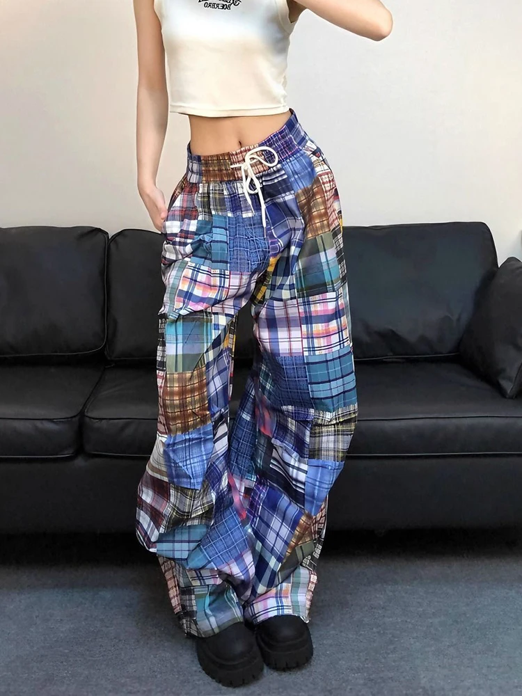 Harajuku Y2k Plaid Pant Women Loose Hop Streetwear High Waist Casual Trousers American Bf Gothic Paratrooper Pants New
