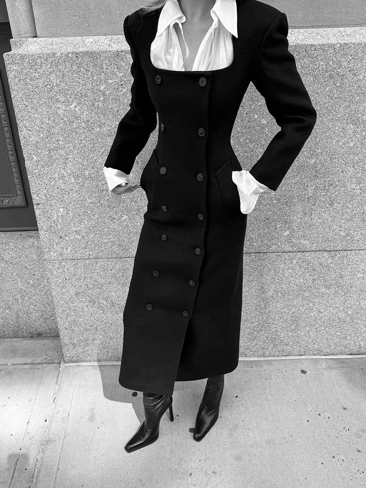 معطف طويل من الصوف مزدوج الصدر باللون الأسود صورة ظلية منظمة بقصة ضيقة معطف صوف طويل للنساء وصل حديثًا لشتاء 2025