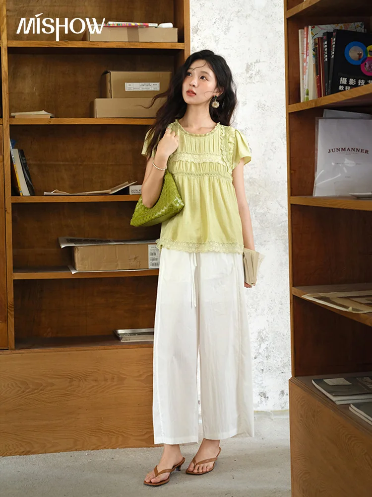 MISHOW Damesmode Ronde Hals Blouse 2025 Zomer Nieuwe Korte Mouw Paddestoel Rand Kant Decoratie Vrouwelijke Casual Top MXE39X1887