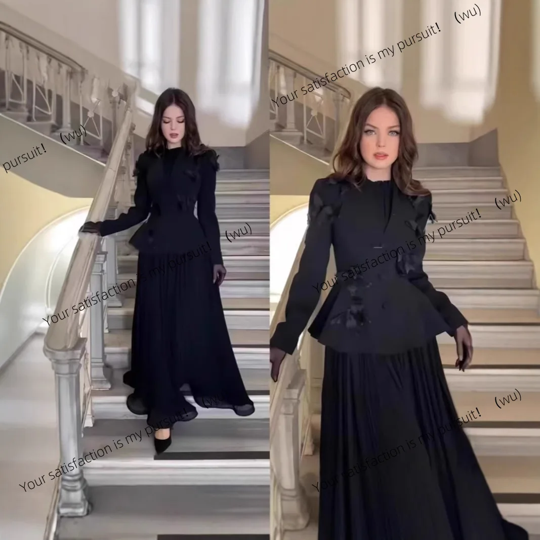 

25 spring European and American temperament socialite black long dress set thousand gold bow