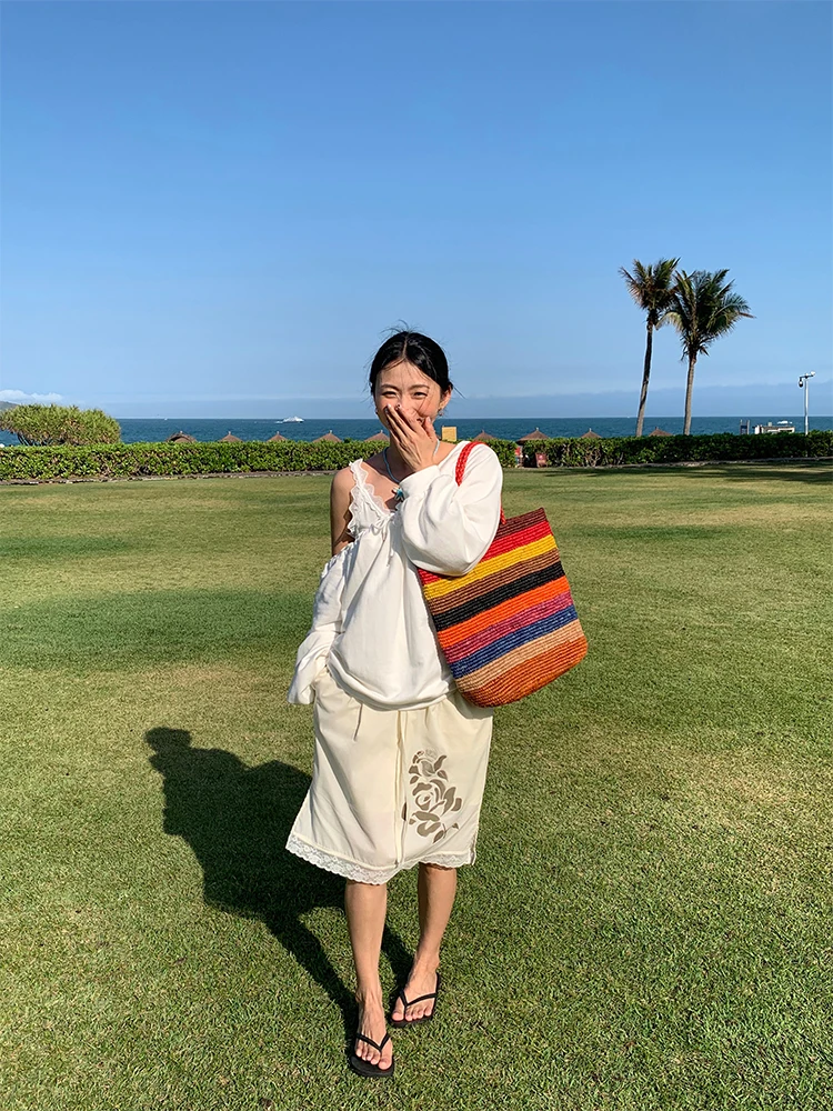 

White Hoodie And Crop Top Set Spring Fashion Small Shoulder Angle Coat Strap Vest Two-Piece Set Cotton Long Sleeve Hooded Jacket