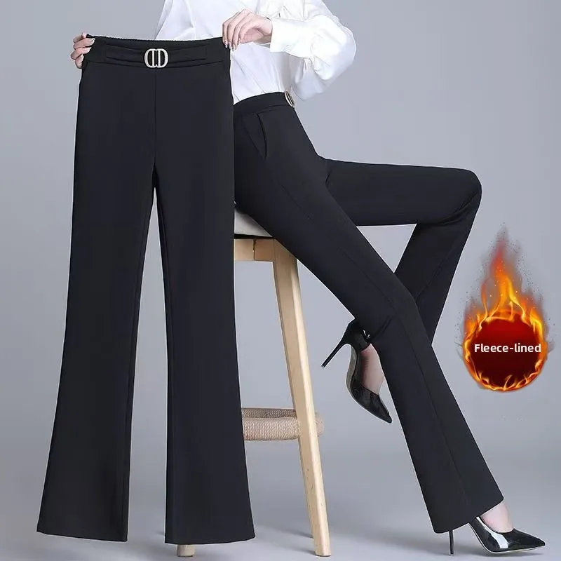 

High Waist Thickened Fleece Women's Flared Pants Spring Autumn Winter Casual Mom Suit Long Trousers Black Elastic Size