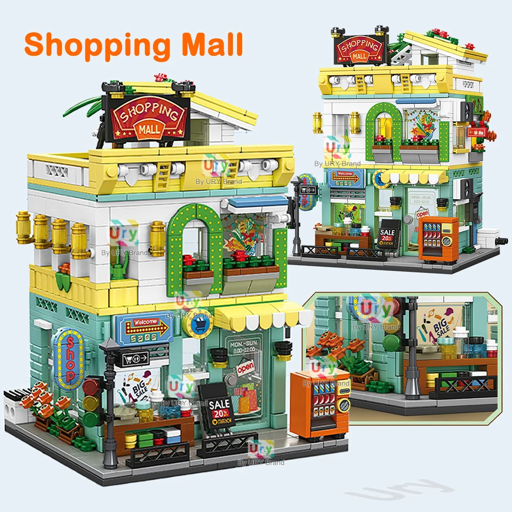City Street View Modulair winkelcentrum Supermarkt Hotel Burger Coffee Shop Retro Flower House MOC Architectuur Bouwstenen voor kinderen
