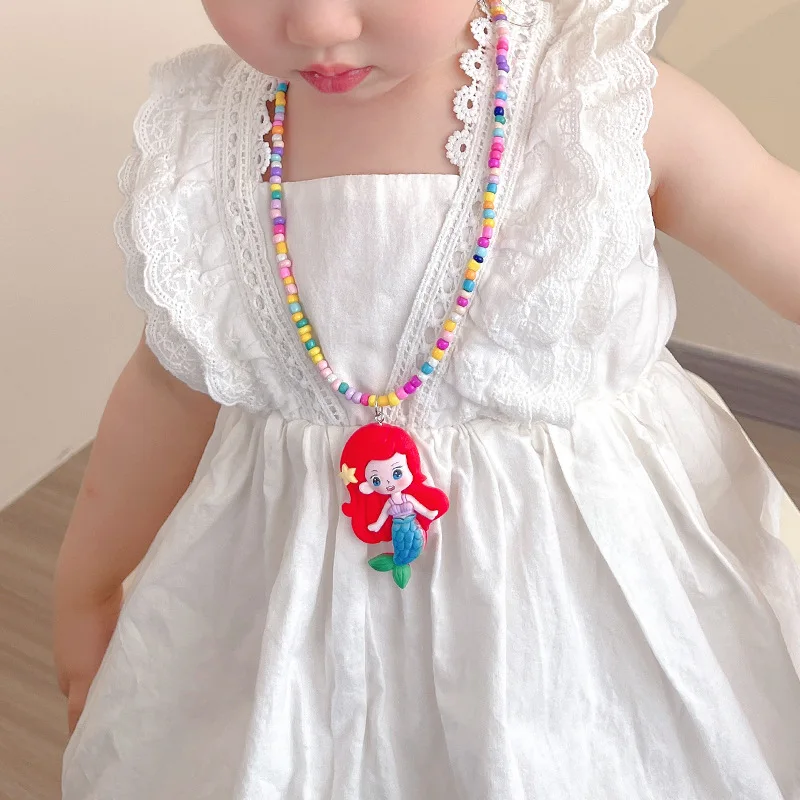 Disney Princess Necklace Frozen Elsa Snow White Anime Figure PVC Doll Sweater Chain Ins Jewelry Resin Bead Accessories Kids Gift