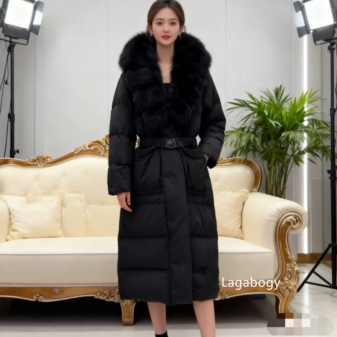 Lagabogy 2026 Long Down Jacket Winter Large Real Fox Fur Collar Waist Women Parkas Elegant Thicken Hooded White Duck Puffer Coat