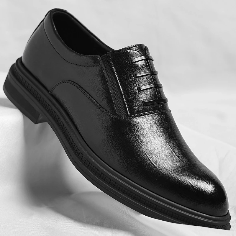 Black Genuine Leather Textured Slip On Formal Business Office Groom Wedding Daily Wear Shoes Fashion Simple Increase Height