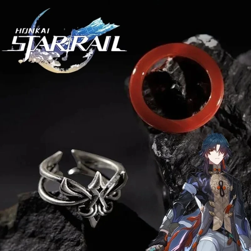 Game Honkai: Star Rail Rings Cosplay Blade Ring Red Silvery Set Jewelry Alloy Agate Prop Accessories Adjustable Unisex Xmas