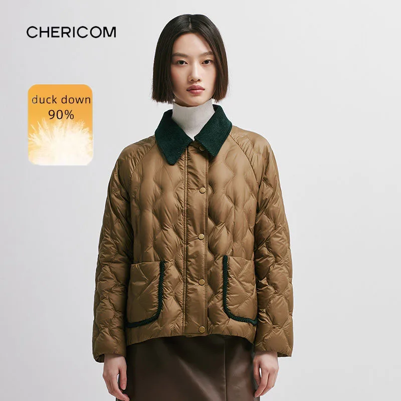 

Chericom женский короткий пуховик из 90% утиного пуха с контрастным воротником и лацканами, легкие холодные теплые пуховики Y298002Y