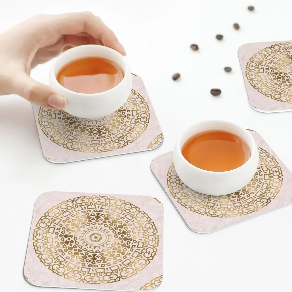 Marmeren Mandala-Gouden Op Roze Marmeren Coaster Koffiemat Set Van 4 Placemat Mok Serviesgoed Decoratie & Accessoires Pads Voor Thuis