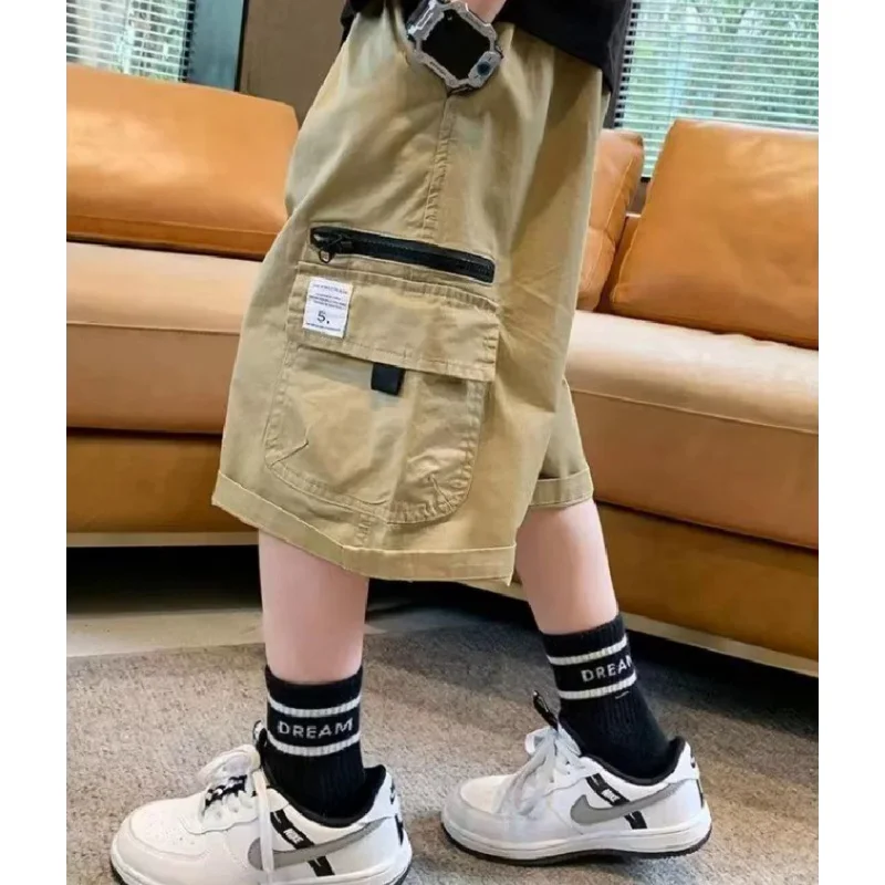 Celana kargo anak laki-laki, celana kargo pendek kasual anak-anak besar Hip Hop Celana Jogger remaja pinggang tinggi Vintage Streetwear celana pendek longgar