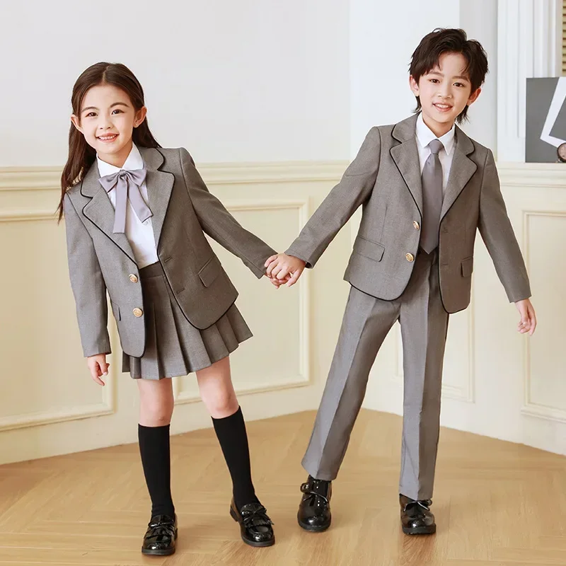 Children Uniform Pleated Skirts School Style High Waist Grey Skirt Cute Superior Quality British Style School Uniform Full Set