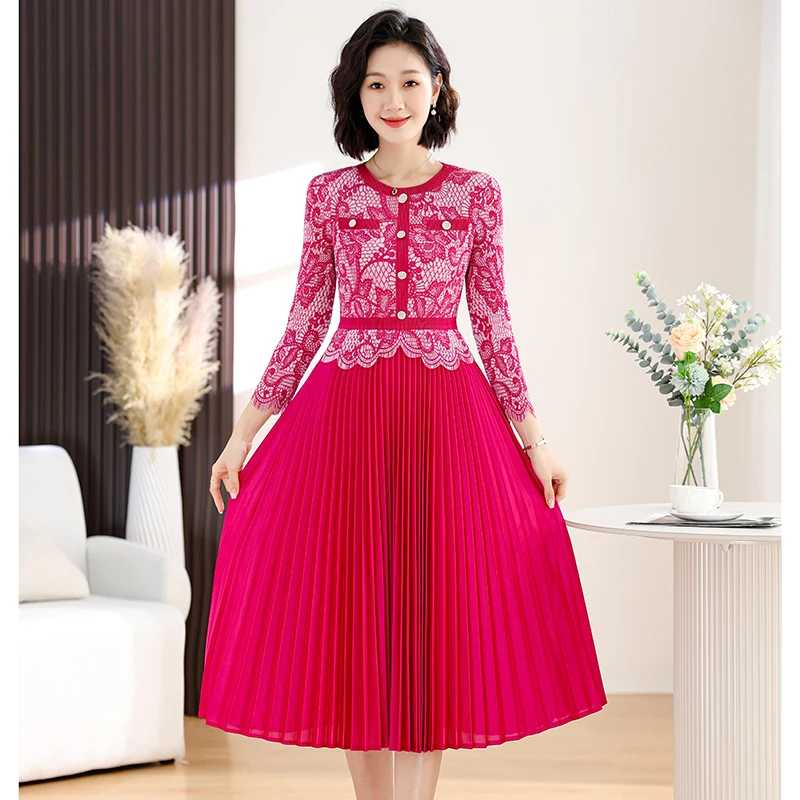 2024Spring New Pleated Magic Dress Long sleeved Button Decorative Print Women's O-neck Elastic Slimming Knee Length Dress