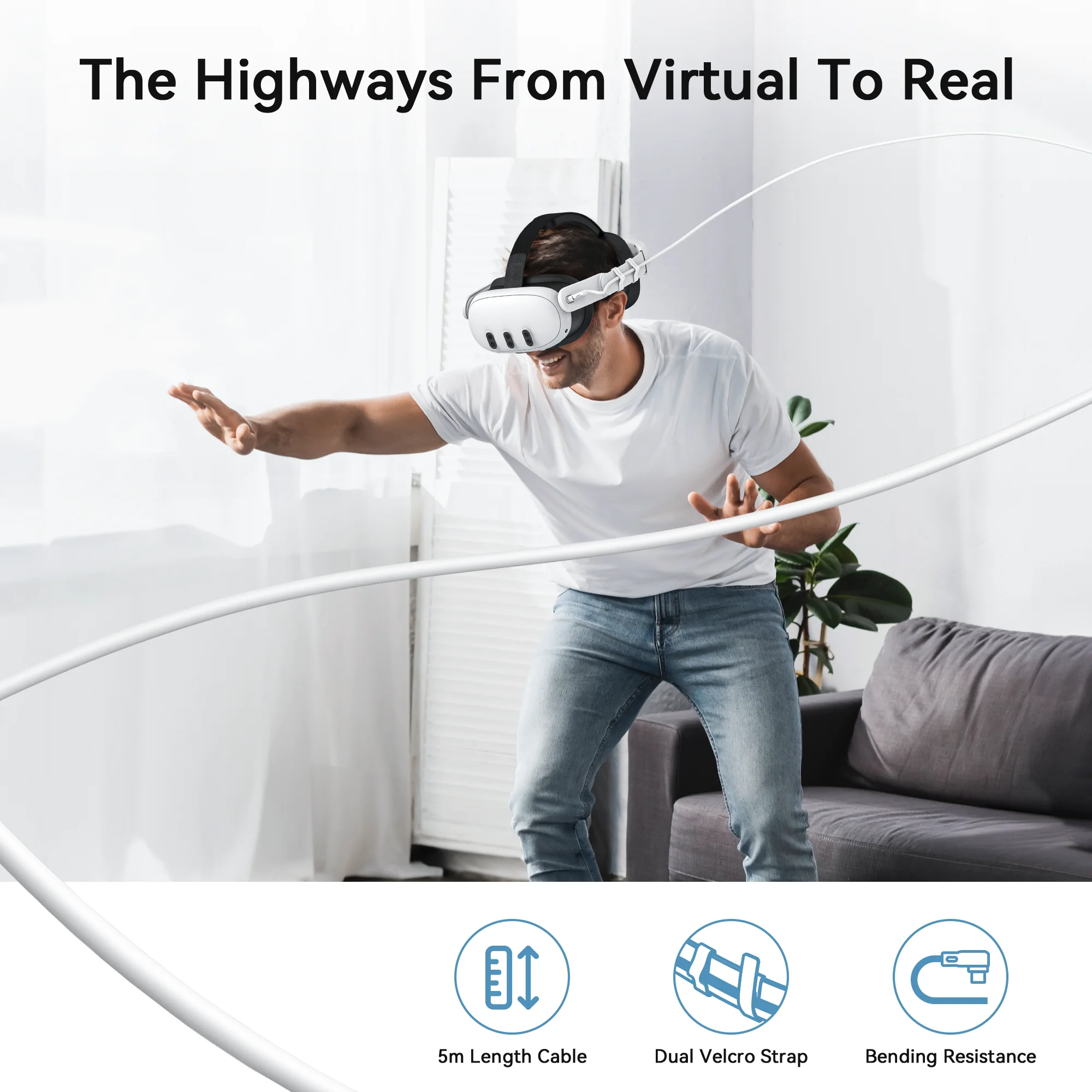 AMVR USB3.0 VR ربط كابل ل ميتا كويست 3/3S/ كويست 2 بيكو 4 اكسسوارات سماعة رأس VR شحن سريع نقل البيانات الحبل 5 متر/16FT