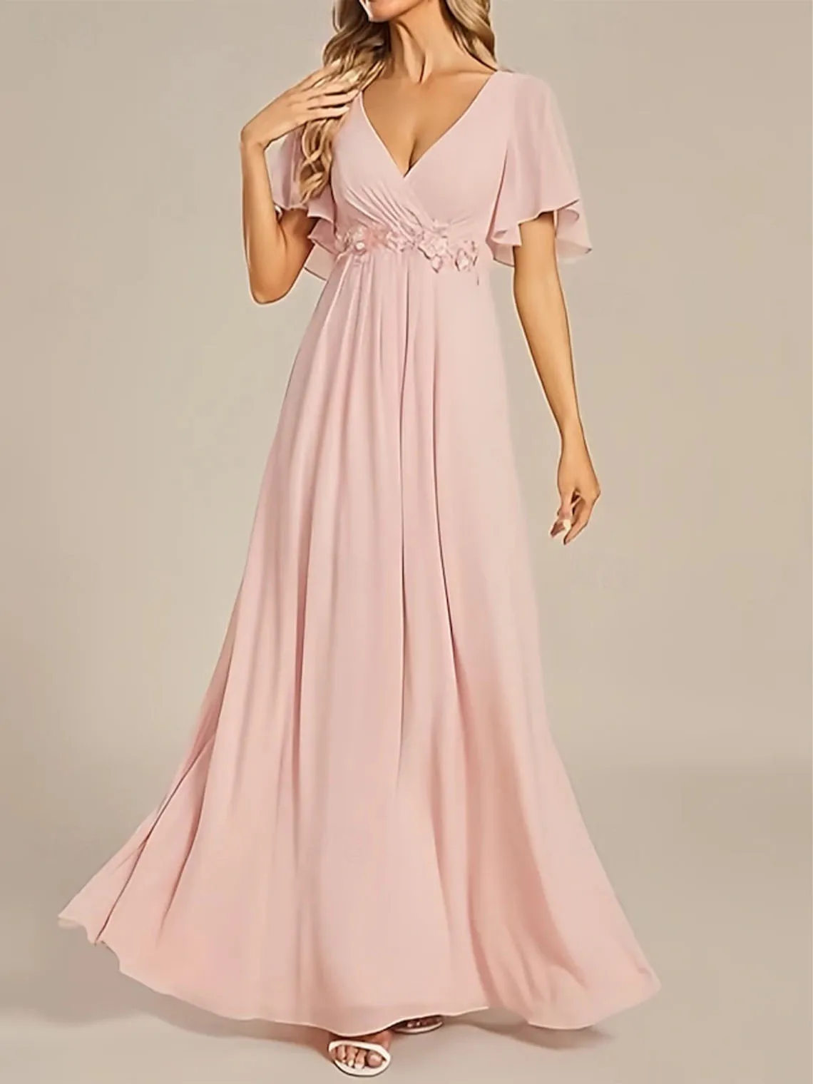 

A-Line V Neck Chiffon Bridesmaid Dress with Ruching Appliques Short Sleeve Party Wedding Formal Dress 2025 free customized