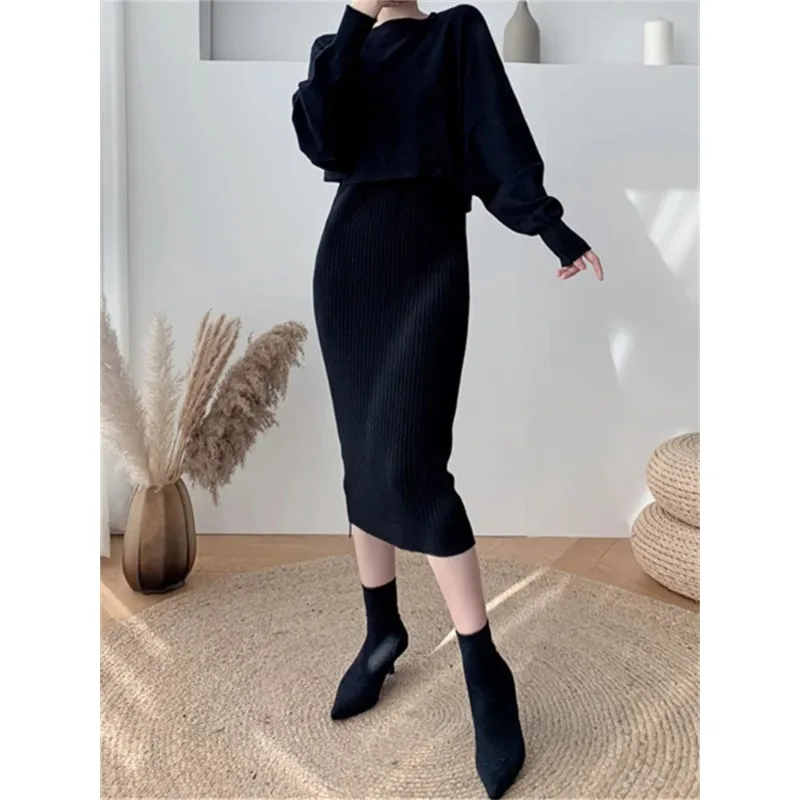 

2 Pieces SetS Long Dress for Women Fall Winter 2024 Korean Fashion Sleeveless Knitted Dress and Cropped Sweater Set N725