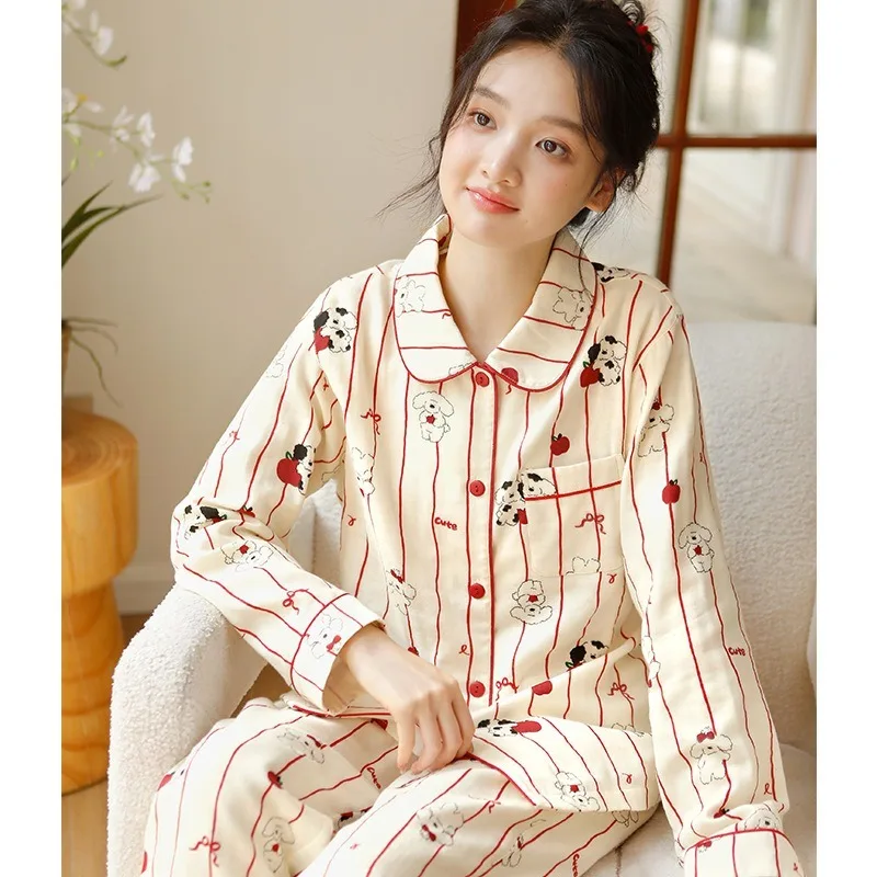 

Women's Autumn Pajamas Set Cute Cartoon Design Soft Breathable Long-Sleeve Casual Loungewear 3-Layer Cotton Gauze 2PCS Homewear