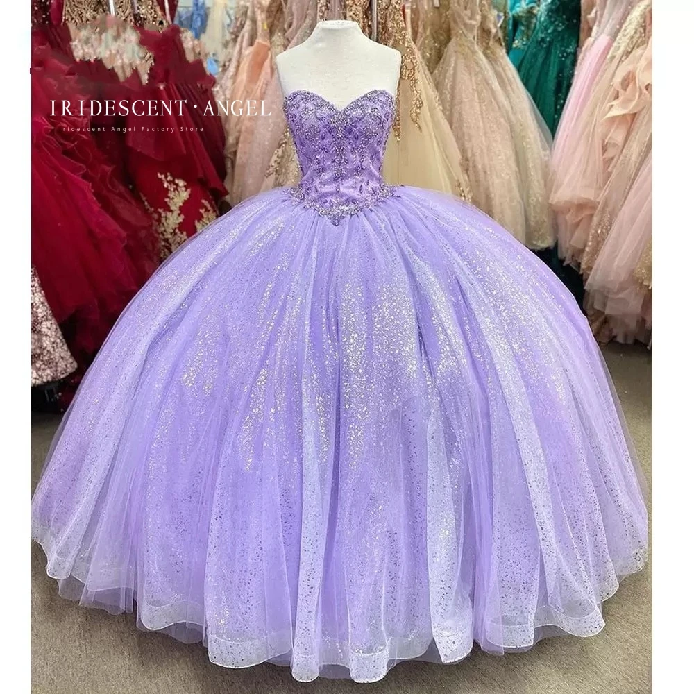 

IRIDESCENT Glitter Lavender Ball Gown Lace Up Beading Sweet 16 Cinderella Birthday Quinceanera Dresses Vestido De 15 Anos