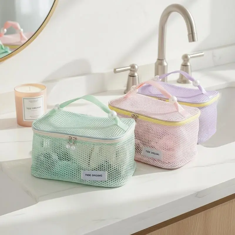Travel Toiletry Bag with Pearl Zipper Mesh Design Portable for Organizing Cosmetics on the Go