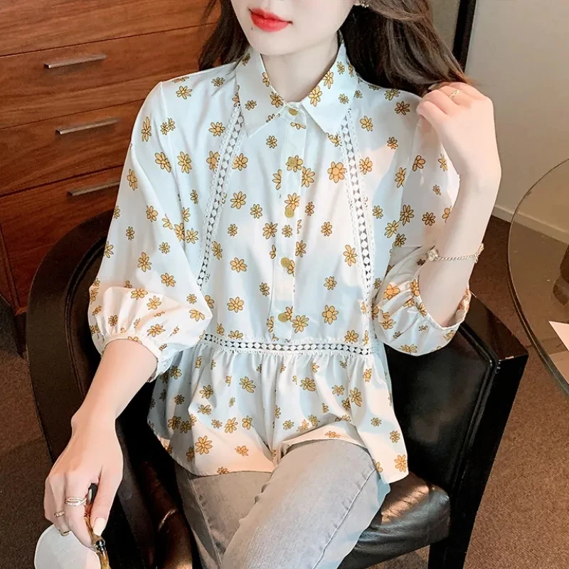 Women Spring Autumn Blouses White Shirts Lady Fashion Casual Three Quarter Sleeve Turn-down Collar Solid Color Blusas Tops G2862