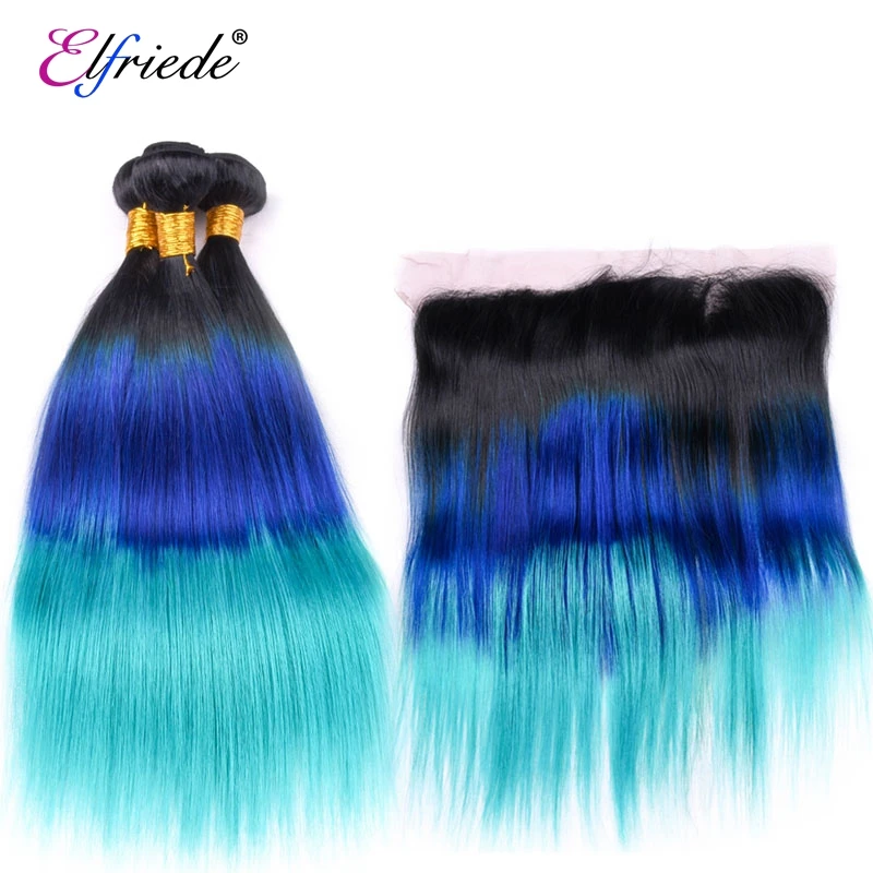 

Elfriede Straight Ombre Colored #T1B/Blue/Light Blue Hair Bundles with Frontal Remy Human Hair 3 Bundles with Lace Frontal 13x4