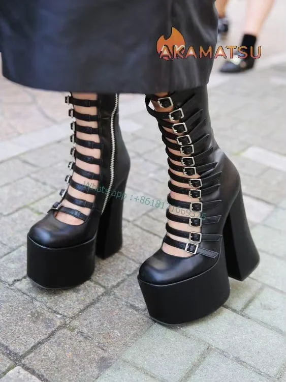 

Dress Square Toe Platform Buckle Boots Mid-Calf Women Leather Chunky High Heel Boots Gladiator Design Hollow Shoes Zipper
