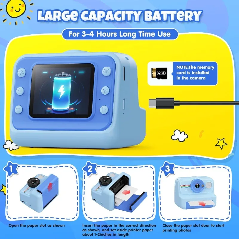Instant Print-camera voor kinderen, 1080P HD kindercamera Instant Print met 3 rollen printpapier en 32 GB