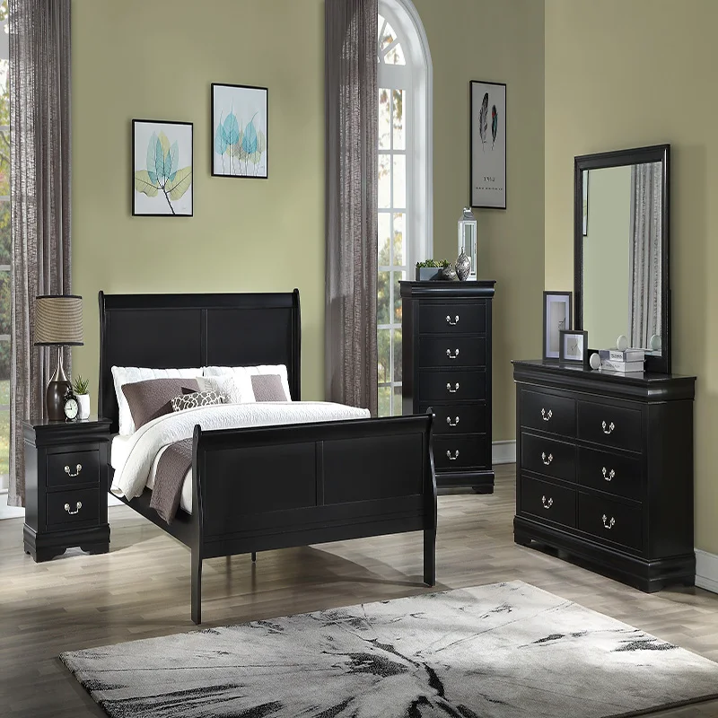 1pc Black Finish Five Drawers Louis Philip Chest Solid Wood Contemporary Sleek Ample Storage