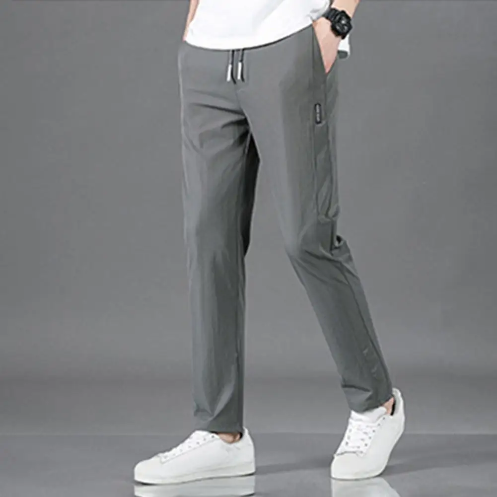 Lightweight Summer Pants Slim Fit Quick Dry Men's Gym Training Jogging Sweatpants with Elastic Waist Side Pockets Solid Color